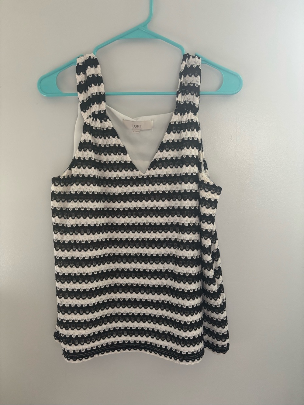LOFT Black & White Crochet Striped V-Neck Tank